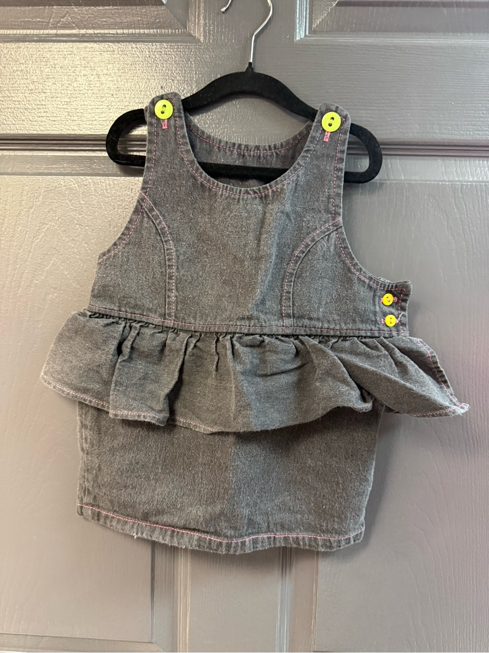 Vintage 80s Ruffle Denim Kids Dress with Neon Buttons